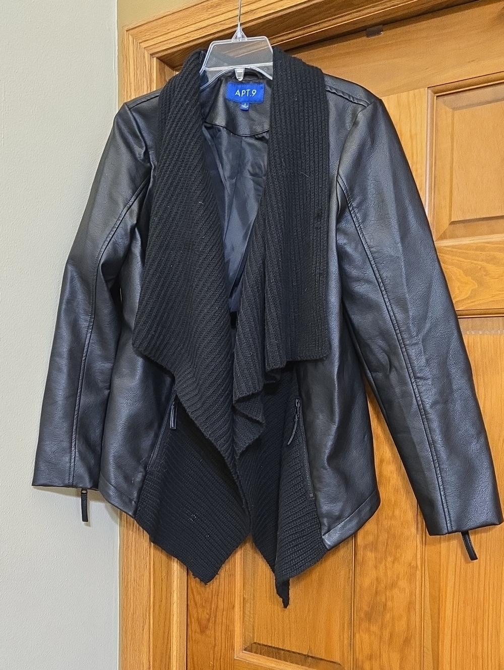 Apt. 9 Black Faux Leather Draped Knit-Collar Jacket